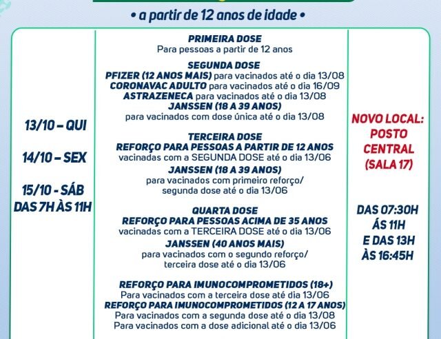 Confira o cronograma de Vacinação Adulto de imunização contra a Covid-19 no período de 13 à 15 de Outubro
